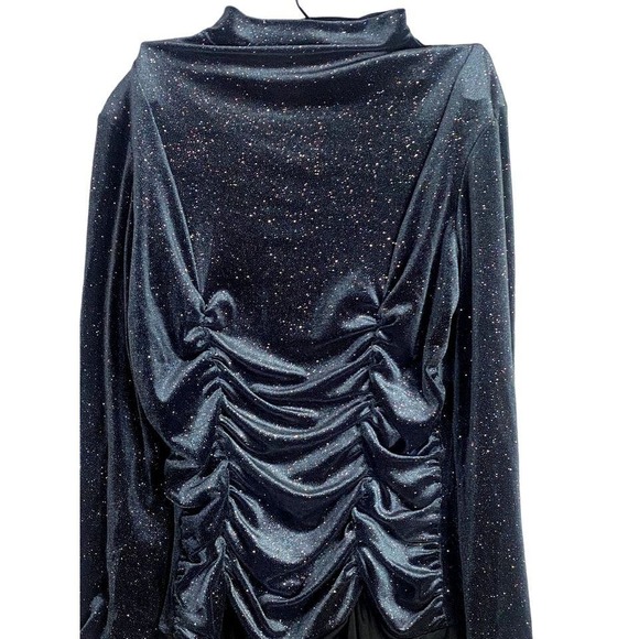 ZARA Navy Blue Ruched Velvet Glitter Mock Neck Long-sleeve Bodysuit - Picture 4 of 9